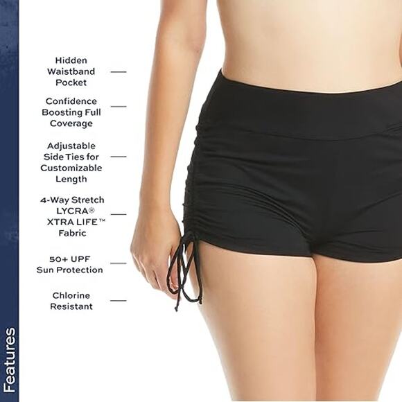 Beach House Swim Shorts Black Ruched Adjustable Side Tie Up UPF Modest 20W NWT - Picture 3 of 15